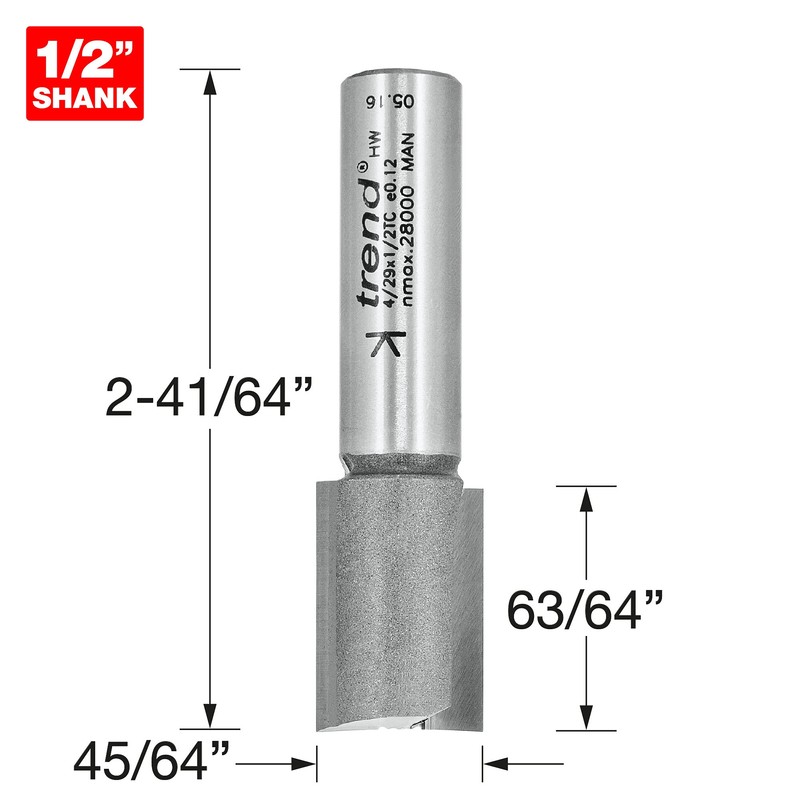 Trend Professional Straight Two Flute Router Cutter, 1/2 Inch Shank,