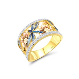 Santuzza 925 Sterling Silver Dragonfly Openwork Ring Cubic Zirconia Enamel Flower Ring 14K Gold Plated Vintage Jewelry (9)