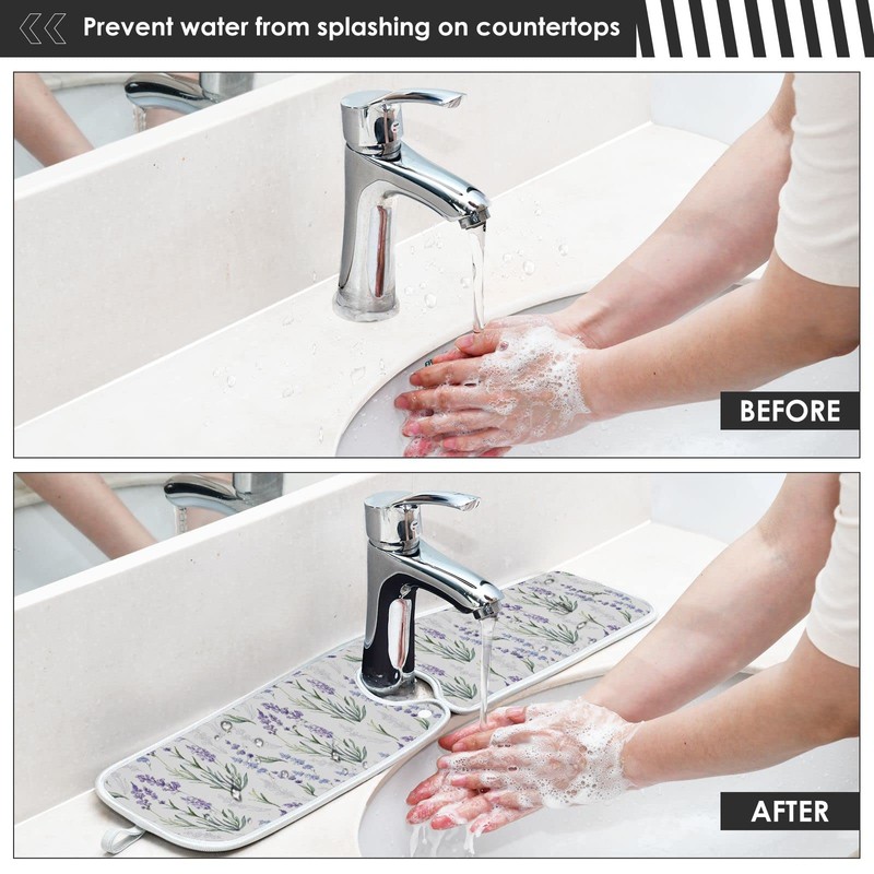Kitchen Faucet Absorbent Mat,Lavender Flower Water Splash Guard for Sink,