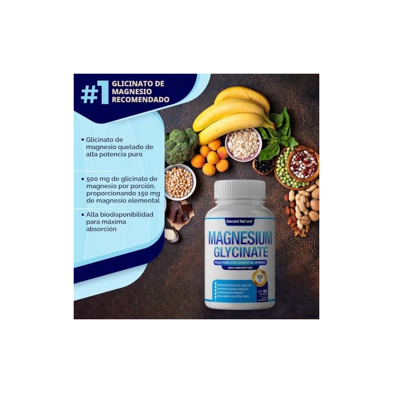 DECENT NATURE- Glicinato de Magnesio 525mg Suplemento Elemental de Magnesio