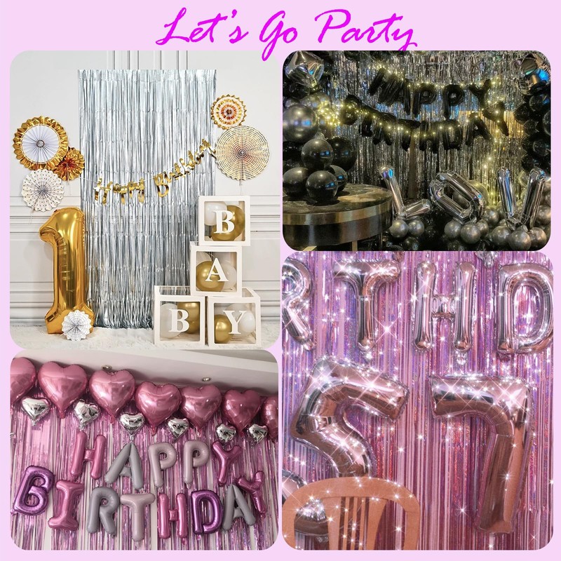 Pink Glitter Metallic Tinsel Foil Fringe Curtains Backdrop Streamers, 2Pcs