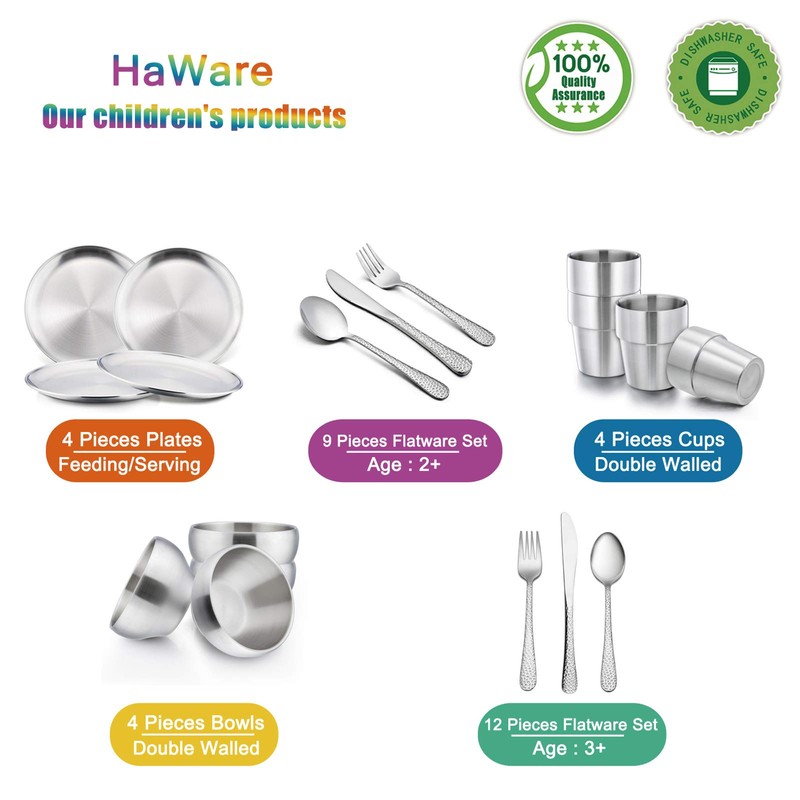 HaWare Toddlers Kids 18/8 Stainless Steel Plates, Durable Metal 304