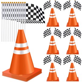 Bucherry 18 Pcs Traffic Cones and Racing Checkered Flags Black and White Flags on Sticks 12 in Traffic Cones Race Car Theme Birthday Construction Checkered Party Favors Supplies