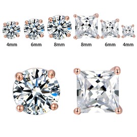 DwearBeauty 6 Pairs Rose Gold Cubic Zirconia Earrings Pack，Round Cut and Princess Cut Earrings for Men and Women