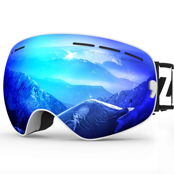 ZIONOR X Ski Snowboard Snow Goggles OTG Design for Men Women Adult with Spherical Detachable Lens UV Protection Anti-Fog (VLT 22% White Frame Revo Blue Lens)