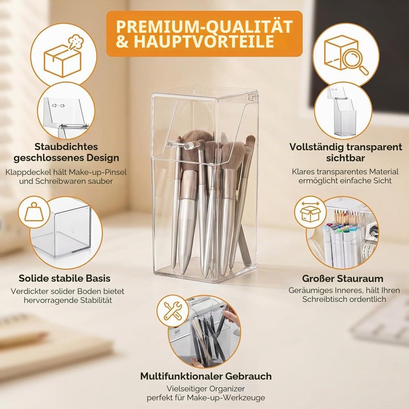 QUUPY Makeup Brush Holder Dustproof Clear Acrylic Cosmetic Brush Organizer
