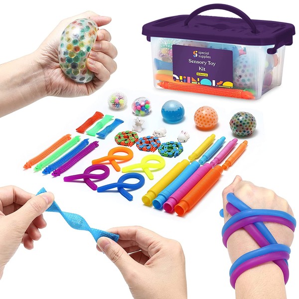 Special Supplies Fidget Toy Pack Fidget Kit for Kids, 30 Pc. Set, Interactive Sensory Toys with Squishy Balls, Fun Tubes, Squeeze Pets, and Animal Stretchy Strings for Fidgeting, ADHD, and Autism