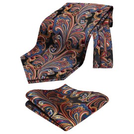 HISDERN Men's Tie Scarf Floral Paisley Ascot Tie Wedding Business Neckerchief and Pocket Square Set, Orange / Blue
