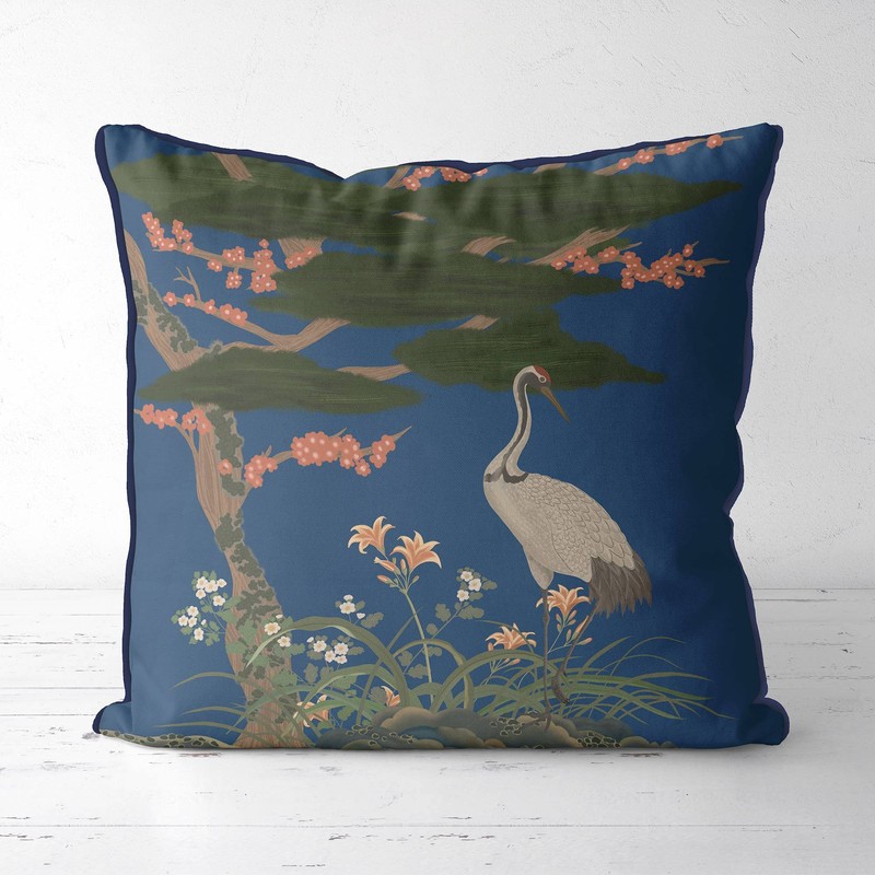 Kelly Stevens-McLaughlan, Crane Garden 2 Chinoiserie on Blue Cushion /
