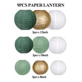Paper Lanterns Decorative, Round Hanging Paper Lanterns Party Decorations for Graduation Wedding Baby Shower Tropical Jungle Theme Birthday Party Decorations Sage Green/Gold/White 9pcs