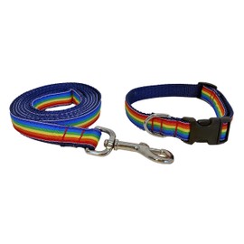 Preston Rainbow Dog Collar and Leash Set - Striped Multi Colored Ribbon on Navy Blue Nylon Webbing (Small)