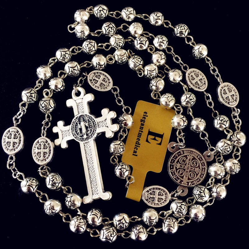 elegantmedical HANDMADE SILVER ROSE BEADS CATHOLIC Saint St Benedict ROSARY