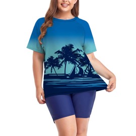 Inno Women's Plus Size 2 Piece Rash Guard Swimsuits Short Sleeve with Boyshorts UPF 50+ Surfing Swimwear,FL25,2X