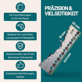 Drill Jig 32 mm Spacing Dimension Precision Drilling Template for Hole Rows and Drilling Groups 5 mm Drilling Diameter (0-224 mm) CNC Made of Aluminium Made in Germany
