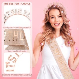 MystiCharm Birthday Sash Crown for Girls Women Fairy Queen Princess Tiara Crown White Rhinestone Headband Glitter Rose Gold Girl Sash Happy Birthday Party Set Decorations Accessories Gifts for Her