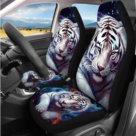 ZFRXIGN White Tiger Car Seat Covers Full Set for Women Men Car Steering Wheel Cover, Galaxy Car Accessories Front Back Seats Covers,Seat Belt Pads, Coaster,Keychains SUV Trunk Interior Set Decor