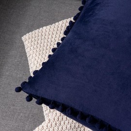 DEZENE Couch Pillow Cases 18x18 Navy: 2 Pack Cozy Soft Pom-poms Velvet Square Throw Pillow Covers for Farmhouse Home Decor