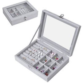 Schmuckkästen mit Glasdeckel, 9 Gitter Schmuckaufbewahrung Schmuckkoffer Damen Schmuckbox Reise, Beflockung Halskette Ohrringe Ring Schmuckschatulle, Transparente Aufbewahrungsbox für Schmuck, Grau