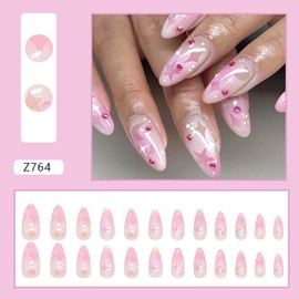 24Pcs Pink Press on Nails Almond Medium Glossy Full Cover Acrylic False Nails with Moon Star Rhinestone Designs Artificial Natural Fake Nails with Glue Stick on Nails for Women Girls