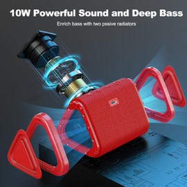 Bobtot Portable Bluetooth Speaker Wireless 10W Peak, IPX7 Small Shower Speaker Waterproof, 15H Playing Time, Loud and Stereo Sound with Bass, TWS Pairing for Party, Camping, Travel, Red