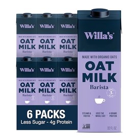 Willa's Organic Barista Oat Milk - Barista Blend Unsweetened Oatmilk and Creamer, Non-GMO, Shelf Stable, Low Sugar, Non-Dairy Milk, Made from Whole Grain Oats, For Foams and Froth, 32oz, Pack of 6