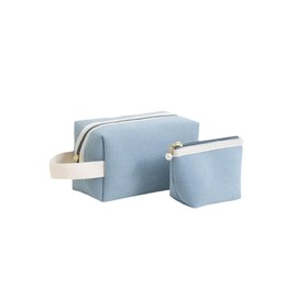 Kallsi 2 Pcs Makeup Bag, Toiletry Bag for Women Corduroy Cosmetic Bag, Travel Small Makeup Organizer Cute Makeup Pouch for Purse Blue