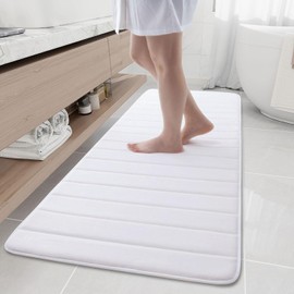 smiry Memory Foam Bath Mat, 60 x 180 cm, Extra Soft Large Bathroom Mat Runner, Super Absorbent Non-Slip Bath Mats for Bathroom Floor Long Machine-Washable Dry Bath Rug Foot Mat, White