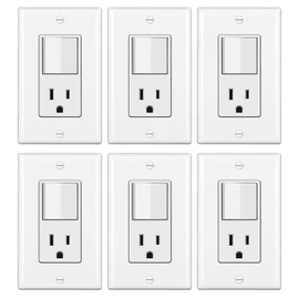 BESTTEN 6 Pack Combination Wall Light Switch and Decor Outlet, Single Pole Rocker Switch, 15A/120V, Decorative Receptacle, 15A/125V, Combo Style, Wallplate Included, Side Wire, UL Listed, White