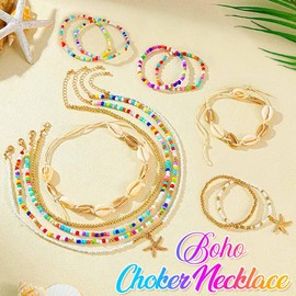 Reaky Boho Beads Necklace Colorful Starfish Necklaces Layered Seashell Bracelet and Necklace Set Beach Accessories for Women and Girls (Pack of 12) (Color)