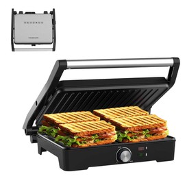 MUBENLIFE Panini Press,Sandwich Press Grill,180 Degree Open,Perfect for Grilling Sandwich,Steak,Burger,Non-Stick Grill,Table Grill,Stainless Steel,Temperature Adjustable,4 Slice,Barbecue,GT49A