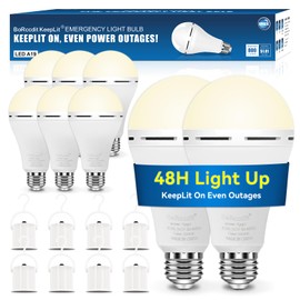 BoRccdit KeepLit 8PK Emergency Rechargeable Light Bulbs, 48H Battery Backup, 3 Brightness Levels, 12W 65W Equivalent A19 LED Bulb Auto-On During Power Outage for Hurricane, Emergency Use (Soft White)