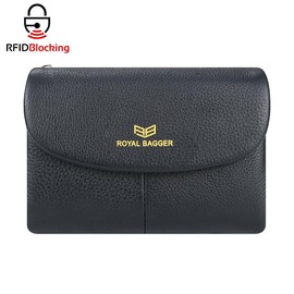 Royal Bagger RFID Blocking Women's Short Wallet Genuine Leather Multi-card Slots Card Holder Trifold Purse Magnetic Opening 2063:_Black