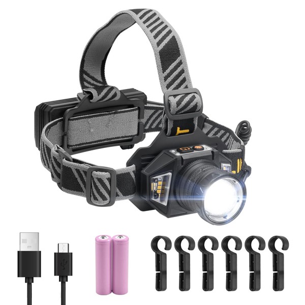 VEVOR Headlamp, Bright LED Rechargeable Headlight, Lightweight Head Flashlight with