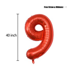 40 Inch Red Jumbo Digital 9 Number Balloons Huge Giant Balloons Foil Mylar Number Balloons for Birthday Party,Wedding, Bridal Shower Engagement Photo Shoot, Anniversary