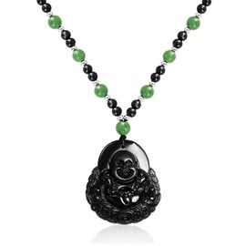 Yogi Amulet Mala Green Black Bead Carved Long Large Boho Fashion Statement Thai Spiritual Buddha Pendant Necklace For Women For Men