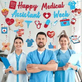Lofaris Medical Assistant Week Decorations - Happy Medical Assistant Week Banner Hanging Swirls Red and Blue Glitter Pre-Strung for Clinic Hospital Healthcare Worker Appreciation Party