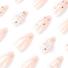 AkiliBIELY Almond Press on Nails Medium Long Bare Nude Pink Bow Rhinestone Star Fake Nails Women Glue on Nails Acrylic Gel Stick on Nails Glitter Bling Fantasy False Nails Wedding Birthday
