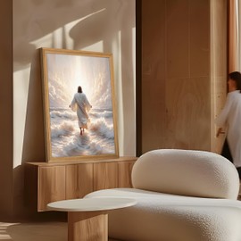 Framed Vintage 3D Textured Jesus Wall Art - Jesus Walking on Water Wall Decor - Hand Drawn Sandstone Christian Pictures for Living Room Bedroom Prayer Room 12x16 inch