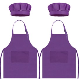 TOPWAYS Kids Apron and Chef Hat Set, kids Aprons for Cooking 2 Pack, Adjustable Toddle Kitchen Chef Apron, Kids Artist Painting Apron Bib with Two Pockets for Kids 3 4 5 6 years (2 x purple, M)