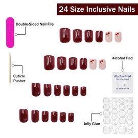 Press on Nails Short Square SWEKKE Wine Red Fake Nails False Nails with Designs Cherry Full Cover Glossy Glue on Nails Stick on Nails Acrylic Nails for Women Girls 24 Pcs