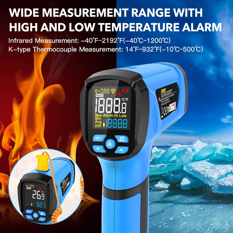 INSTRODOTS Infrared Thermometer Temperature Gun, -40℉ to 2192℉ Dual Laser