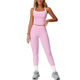 2 Piece Workout Sets for Women Seamless Straps Cross Back Tank Tops Matching High Waist Tummy Control Leggings Set Clothes Womens Two Piece Athletic Set Gym Wear Active Yoga Outfit Colorblock Pink S