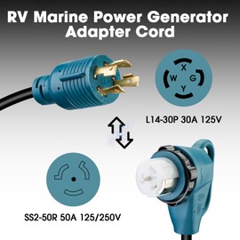 Generator Extension Cord, 30A 4 Prong Locking Generator L14-30P Male to 50A Marine Shore Power SS2-50R Female with Locking Ring 125V/250V (3FT)