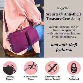 Baggallini Securtex® Anti-Theft Treasure Crossbody 9"x5.5" Lightweight Travel Purse with RFID Card Slots Locking Zippers