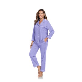 COLORFULLEAF Women's 100% Cotton Long Sleeve Pajama Sets Button Down Notched Collar Sleepwear Soft Lounge Pjs with Pockets (Lavender,2XL)