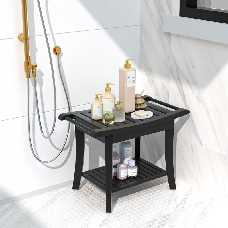 Bamboo Shower Stool Bench Waterproof with Storage Shelf for Shaving