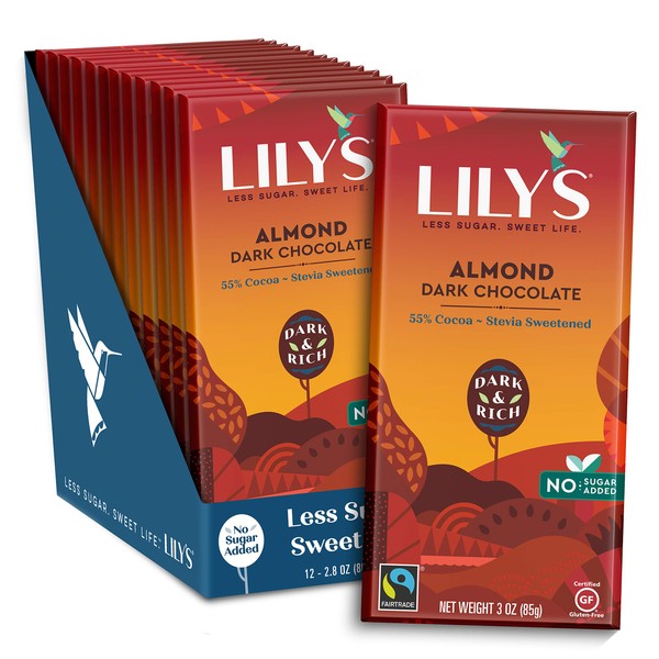 Almond Dark Chocolate Bar by Lily's | Stevia Sweetened, No Added Sugar, Low-Carb, Keto Friendly | 55% Cocoa | Fair Trade, Gluten-Free & Non-GMO | 3 ounce, 12-Pack