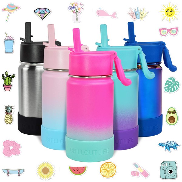 CHILLOUT LIFE 12 oz Insulated Water Bottle with Straw Lid for Kids and Adult + 20 Funny Waterproof Stickers - Perfect for Personalizing Your Kids Metal Water Bottle