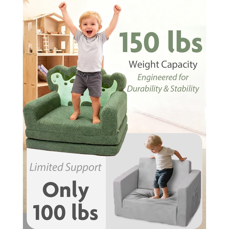 TinyPalsa Kids Couch, Convertible Sofa to Lounger Fold Out, Green