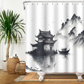 SDOTPMT 180 x 198 cm Lake Mountain Shower Curtain Smoky Mountain Boat Wild Nature National Parks Bath Landscape Photo Artwork Bathroom Curtain for Bathroom Decor with Hooks